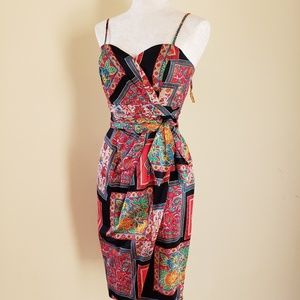 Vintage Floral Patchwork Midi Dress in Black, Red, Yellow, Green
